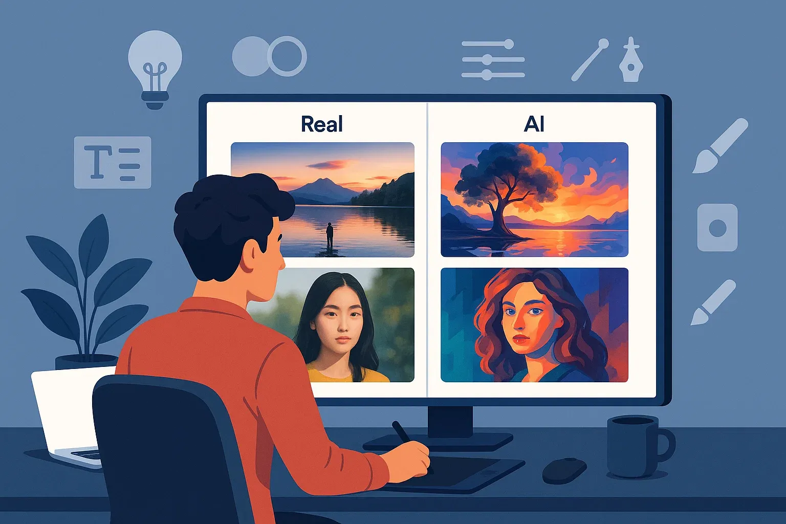Nhà thiết kế so sánh ảnh thật và ảnh AI trên màn hình số.