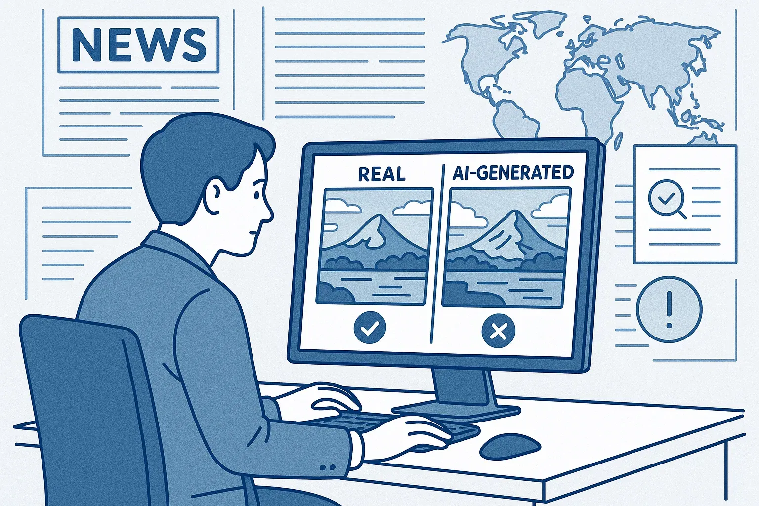 Nhà báo kiểm tra tính xác thực hình ảnh tin tức bằng công cụ AI.