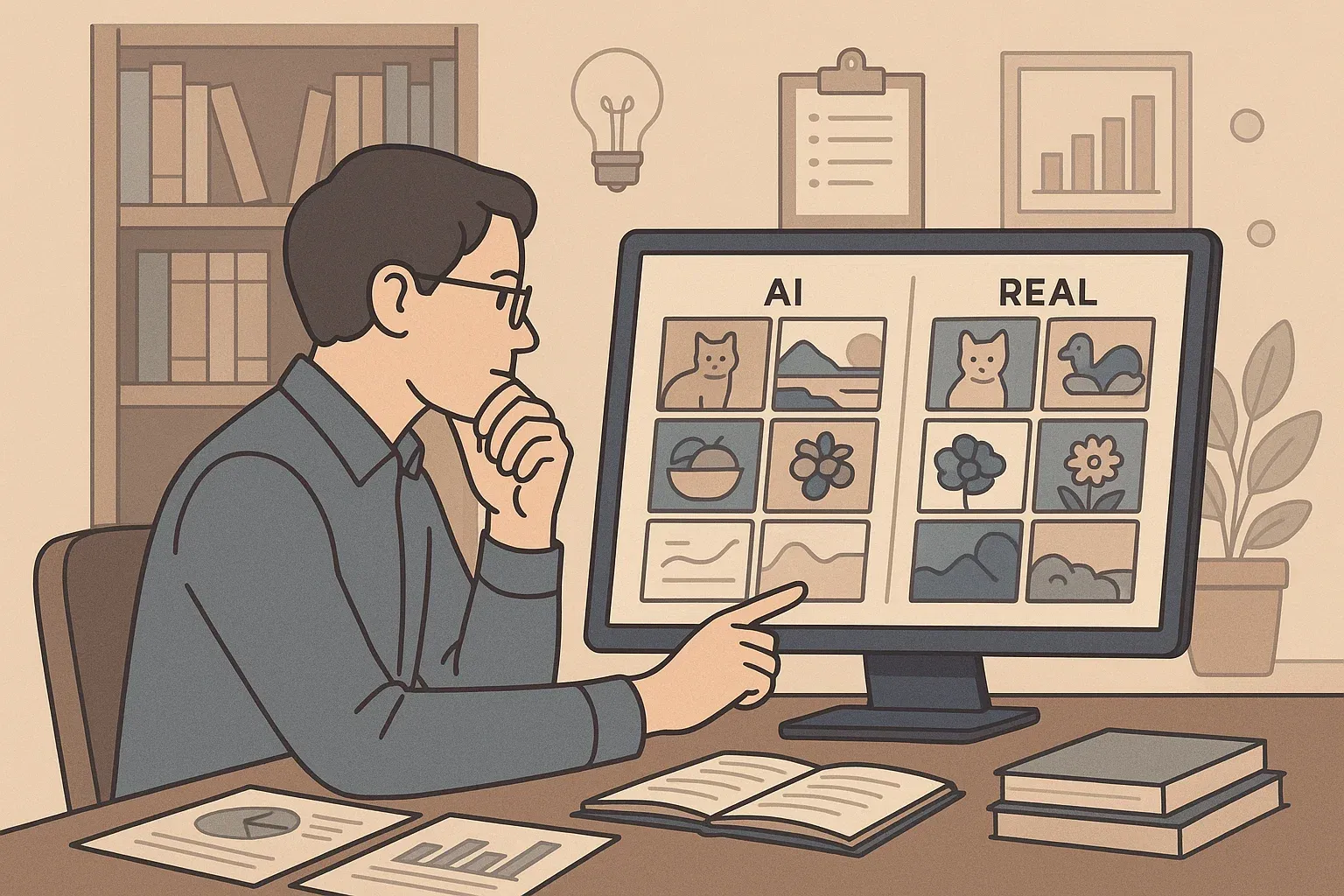 Nghiên cứu viên kiểm tra bộ dữ liệu, so sánh ảnh thật và ảnh AI.