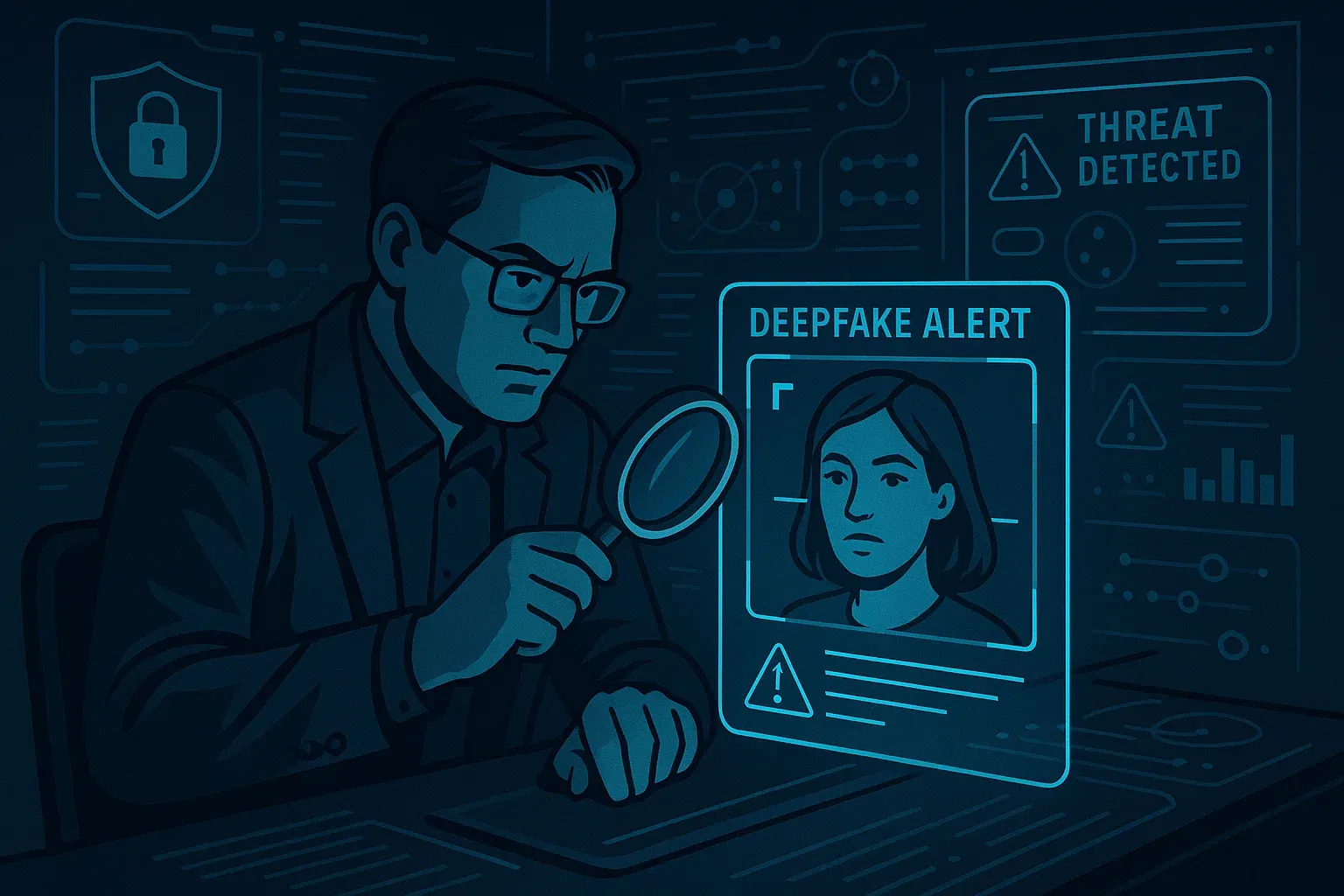 Nhân viên an ninh kiểm tra deepfake hoặc ảnh số bị chỉnh sửa bằng AI.