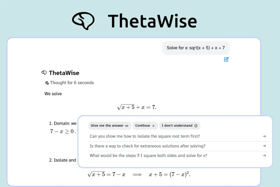 ThetaWise AI math solver on PC: video lesson and whiteboard interaction.