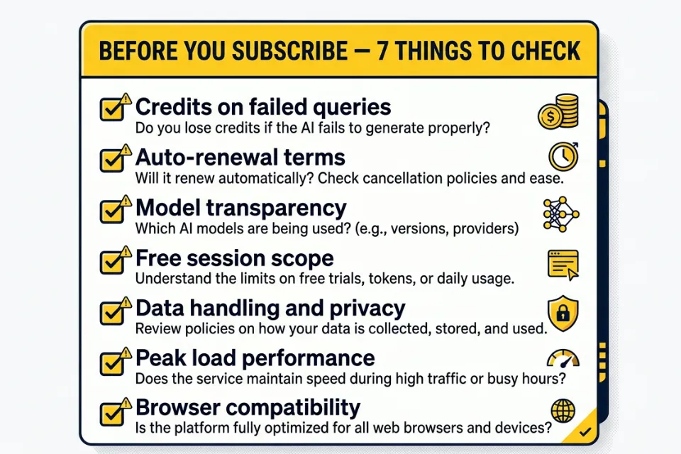 이용 전 체크리스트: 크레딧, 개인 정보, 자동결제, 브라우저 호환성.