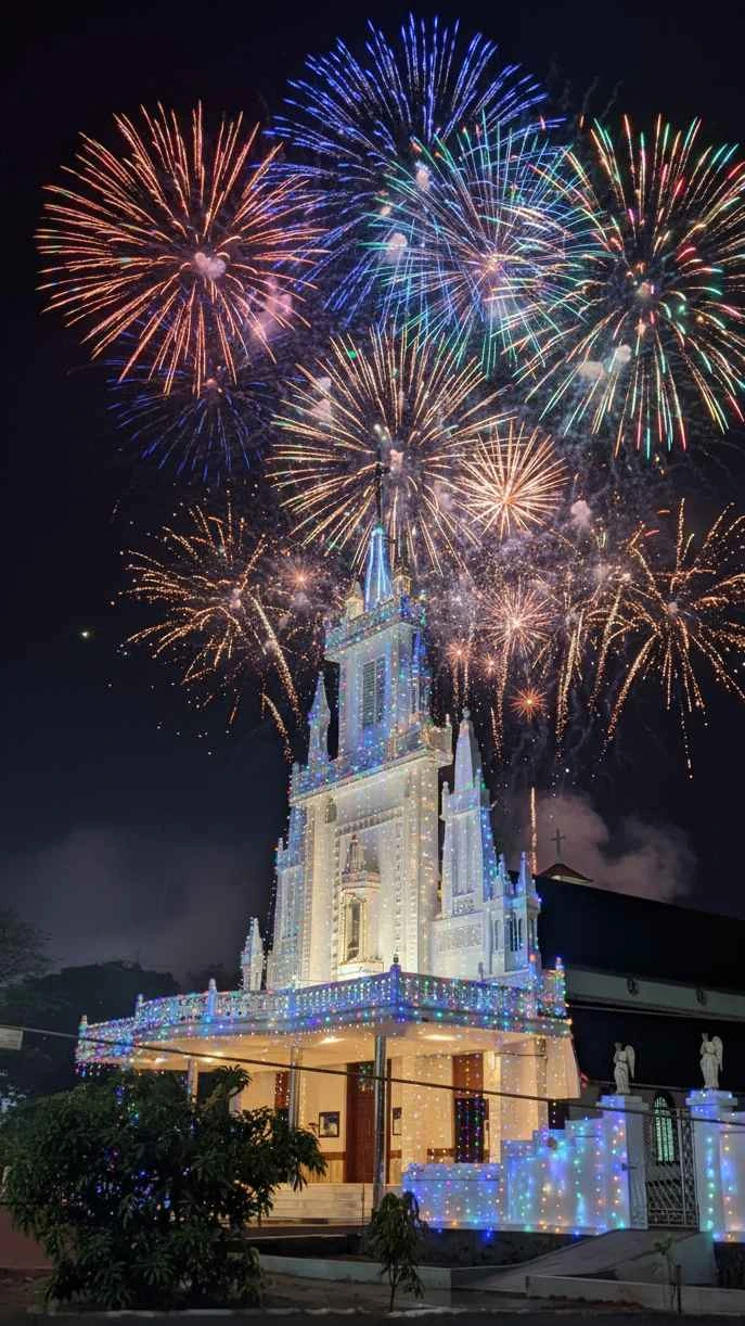 so fireworks are going off, the camera is gently panning left, the lights on the church are twinkling, and the whole atmosphere is just bursting with color