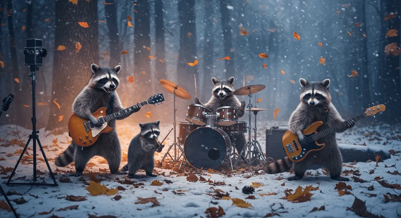 The Little Raccoon Band is performing fiercely, and the camera slowly zooms out