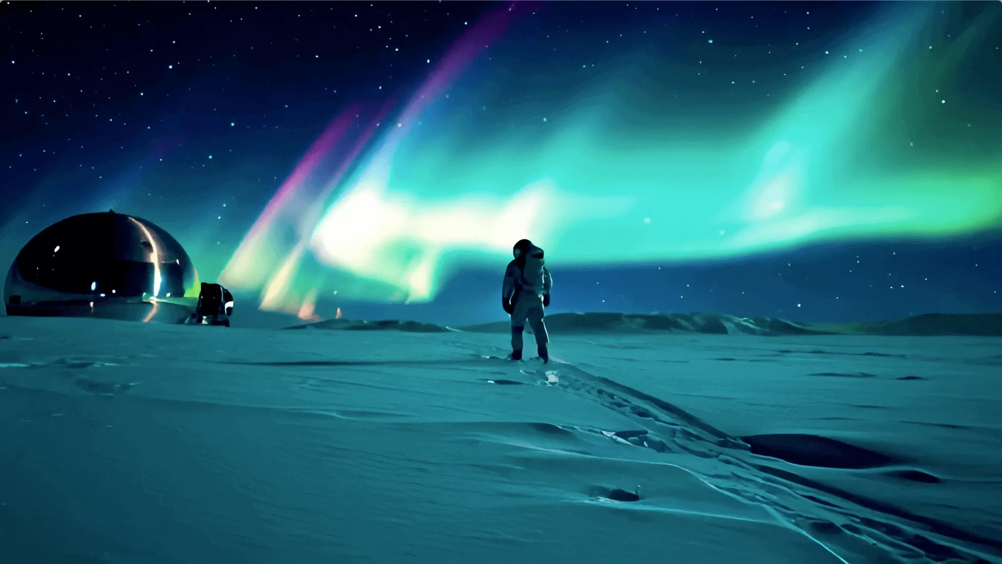An astronaut walks through the snow, with a spaceship and the aurora in the background.