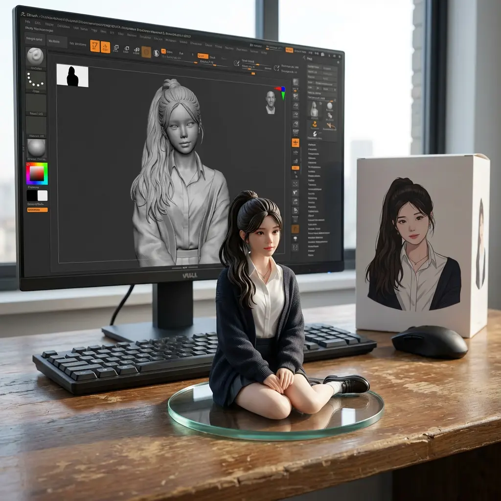 Hyper-realistic 1/7 scale figurine on desk with ZBrush 3D sculpting in progress, packaging box beside monitor