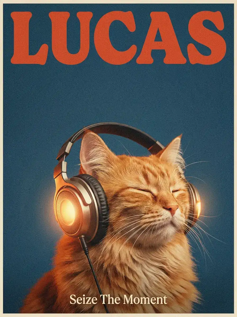 Retro Japanese magazine poster with cat and headphones.