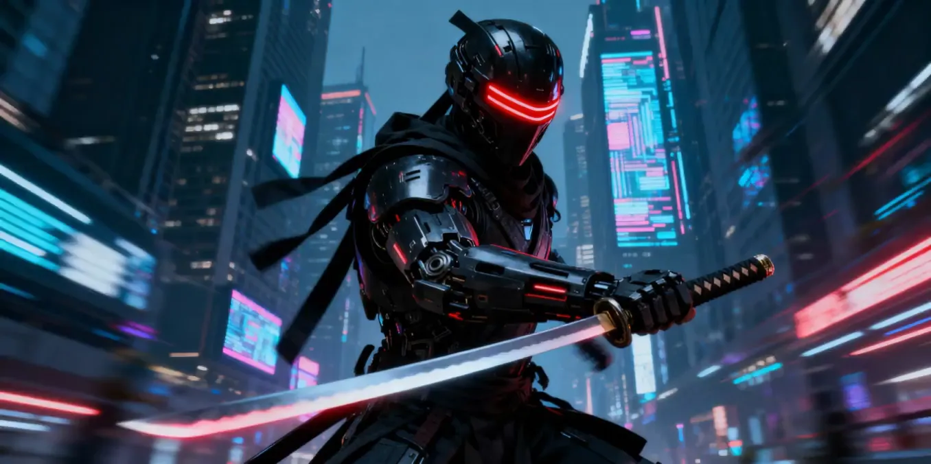 A cinematic, ultra-high-speed action sequence, bringing the input image to life.
The cyberpunk ninja is in the middle of a fluid, devastating dash-and-slash attack. The camera follows him as he moves like a blur through the neon-drenched city street.
He completes his impossibly fast sword swing, and the katana leaves a brilliant red and white light trail in the air. We see the arc of the blade in dramatic slow-motion for one split second.
After the strike, he doesn't stop. He continues his forward dash, his body low, and gracefully sheathes his sword with a sharp, robotic *'click'* motion, all without breaking his sprint. He then vanishes into the rain and neon-lit shadows of the city.
Style: Photorealistic, masterpiece, high detail, extreme motion blur on background, dynamic camera tracking, cyberpunk aesthetic, dark, gritty.